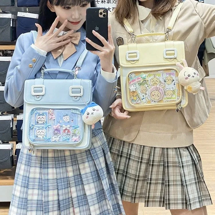 Ita Bag for Women Large Capacity Transparent Pocket Itabag PU Leather Cartoon Print School Daily Casual Black