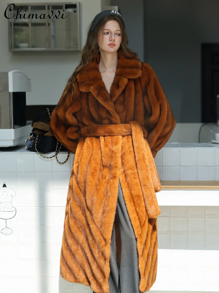 Abrigo de piel de visón blanco de gama alta Otoño Invierno nueva moda gruesa elegante ajustado con cordones traje cuello chaquetas de piel cálidas para mujer