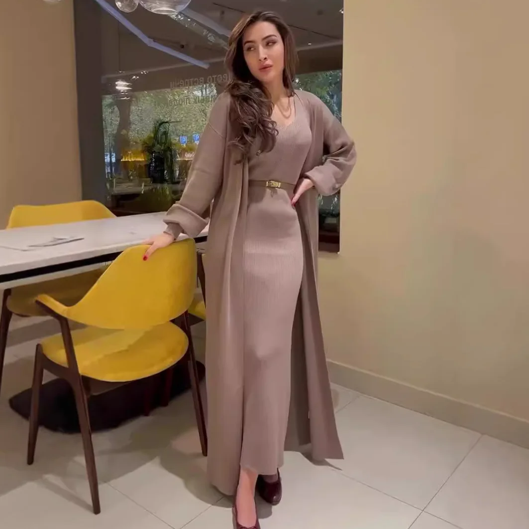 Women Knitted Dress Suit Cardigan Knitting Dresses 2 Piece Sets Maxi Gown Knitwear Outfits 2025 Autumn Winter Vestidos Ensemble