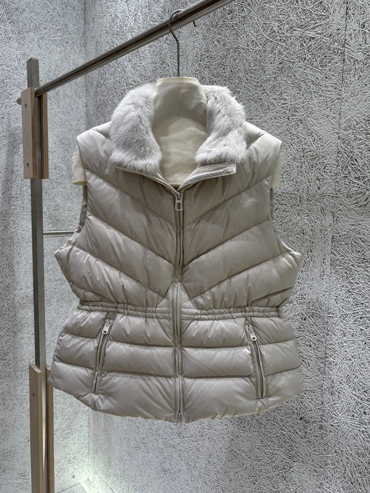 2026 Autumn/Winter Fashionable Short Women's Down Jacket with Small Fur Collar, Drawstring Waist, Warm White Duck Down Vest