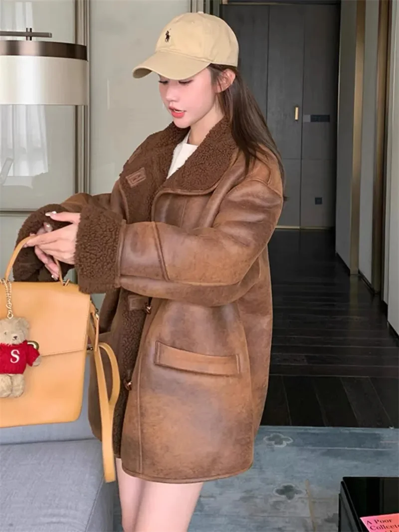 

Motorcycle Suit Women Warm 2024 Autumn Winter New Item Thickened Lamb fur Integrated Korean Version Medium Long Coat Solid Color