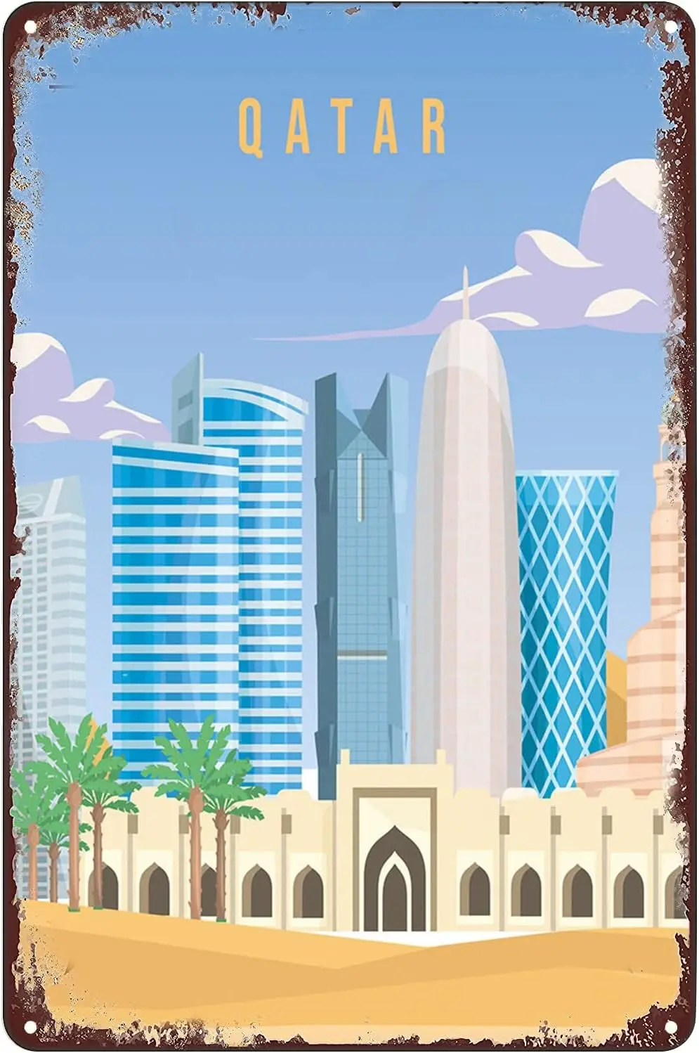 Vintage Metal Tin Sign - Qatar Doha Travel Poster Landmarks Signs Wall Art Decor Plaque for Home Bar Pub Club Cafe 8x12 inc sign