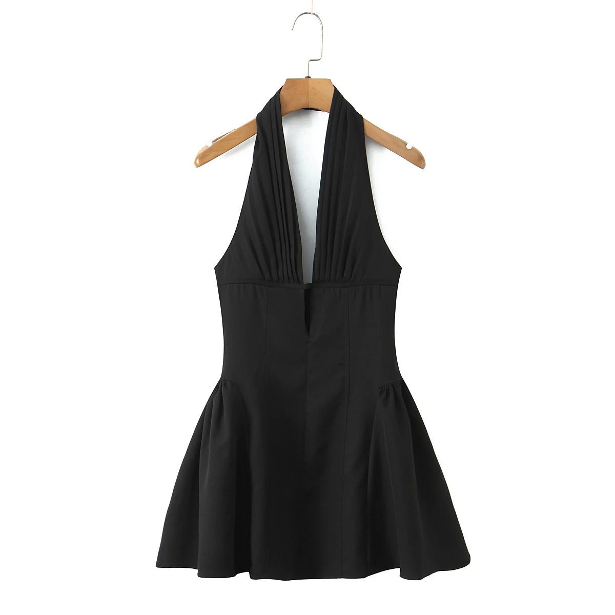 Sexy White Black Pleated Ruched Halter Dress Women Deep V neck Slim Low Waist Swing Ball Gown Short Dresses Robe Femme Vestidos