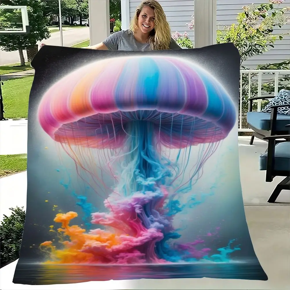 Surreal Vibrant Jellyfish Blanket - Large Dome-Shaped Bell with Colorful Horizontal Stripes of Pink, Orange, and Blue, Flowing T