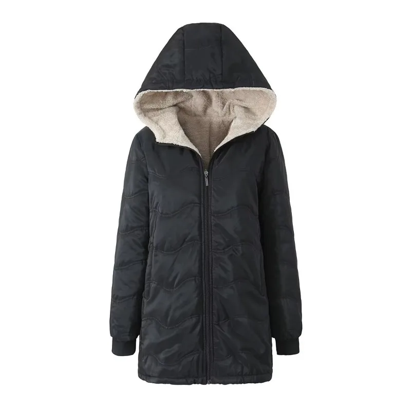 autumn and winter women's geometric wave hooded lambskin thick warm cotton jacket, fashionable mid to long length cotton jacket