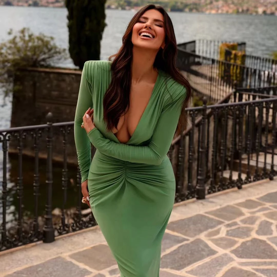 

Women's sexy Bandage Dress Elegant Long Sleeve Deep V-Neck Celebrity Fashion Ruched Party Dress Vintage Floor-Length Dress