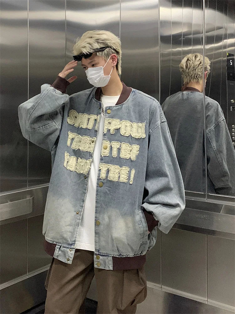 

Retro American Street Sle Men's Denim Jaet with Patchwork adient Waed Baseball Coat for Couples Spring Autumn