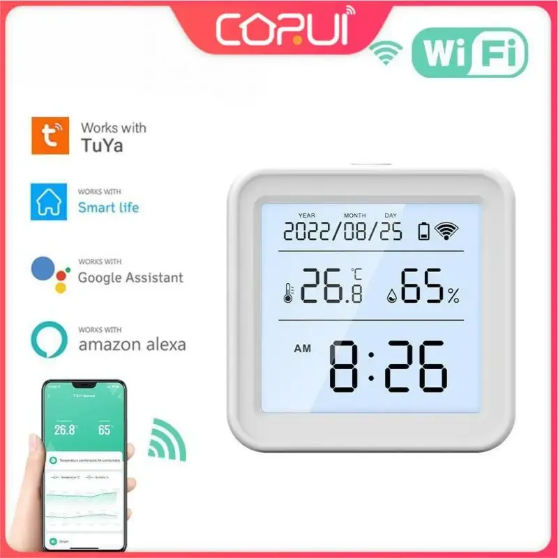 

CORUI Tuya WiFi Temperature And Humidity Sensor With LCD Screen Display Smart Life APP Remote Control Support Alexa Google Home