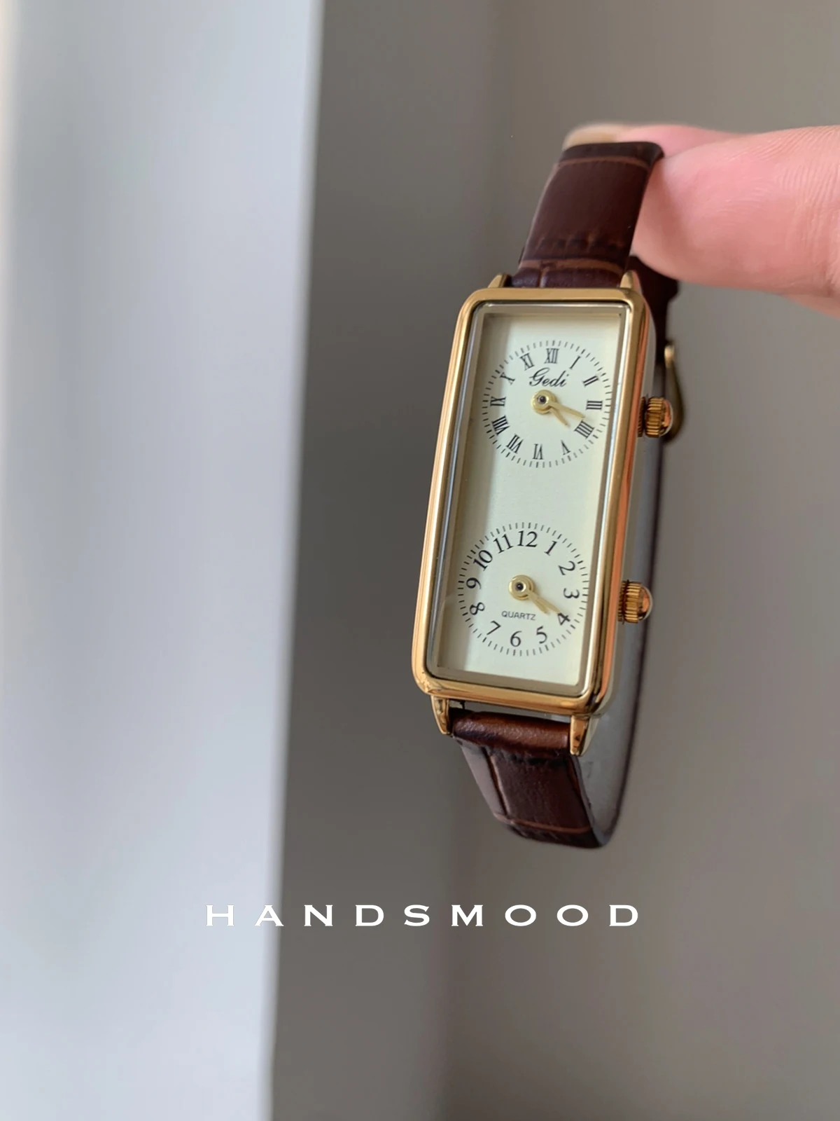 

Elegant Women'S WristwatchVintage BrownGold Rectangular Double DialStylish Leather Watch, A Gift For Women, A Women'S Accessory.