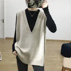 2023 Autumn New Korean Edition Simple Casual Loose Sweater Versatile Knit Deep V-Neck Sleeveless Popularity Wild Women's Vest