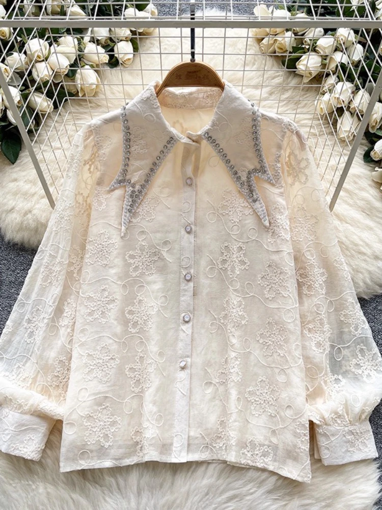 

Новинка 2026, осенняя женская рубашка с отложным воротником и бриллиантами, рубашка с рукавами-фонариками, шикарная рубашка с вышивкой крючком и цветком, топы