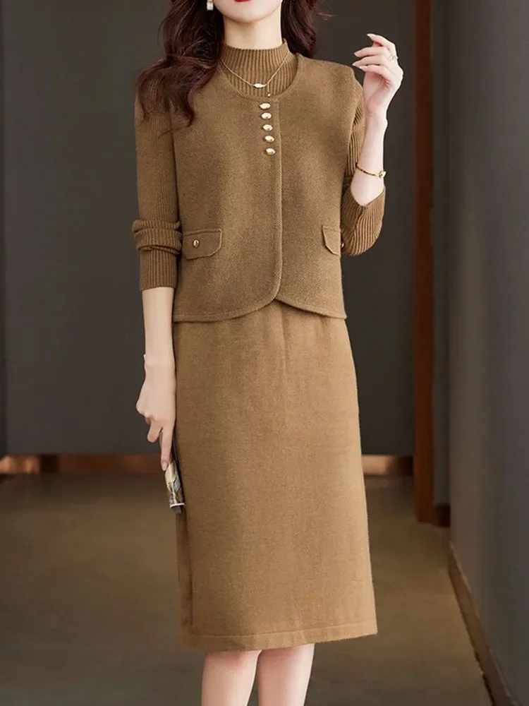 

Elegant New Knitted 2 Piece Sets Korean Casual Sleeveless Vest Outfit Women O-neck Slim Long Sleeve Knitwears Dress Conjuntos