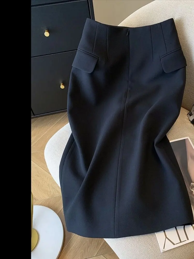 Women's Retro Korean Navy Blazer Pencil Skirt Elegant Back Slit High-waisted Versatile A-line Skirts Slim-fitting Office Ladies