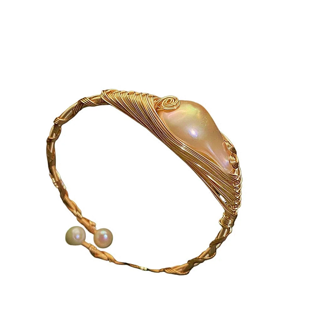 Pulseras de perlas de agua dulce barrocas naturales tejidas a mano para mujer, brazaletes abiertos, joyería de fiesta de lujo