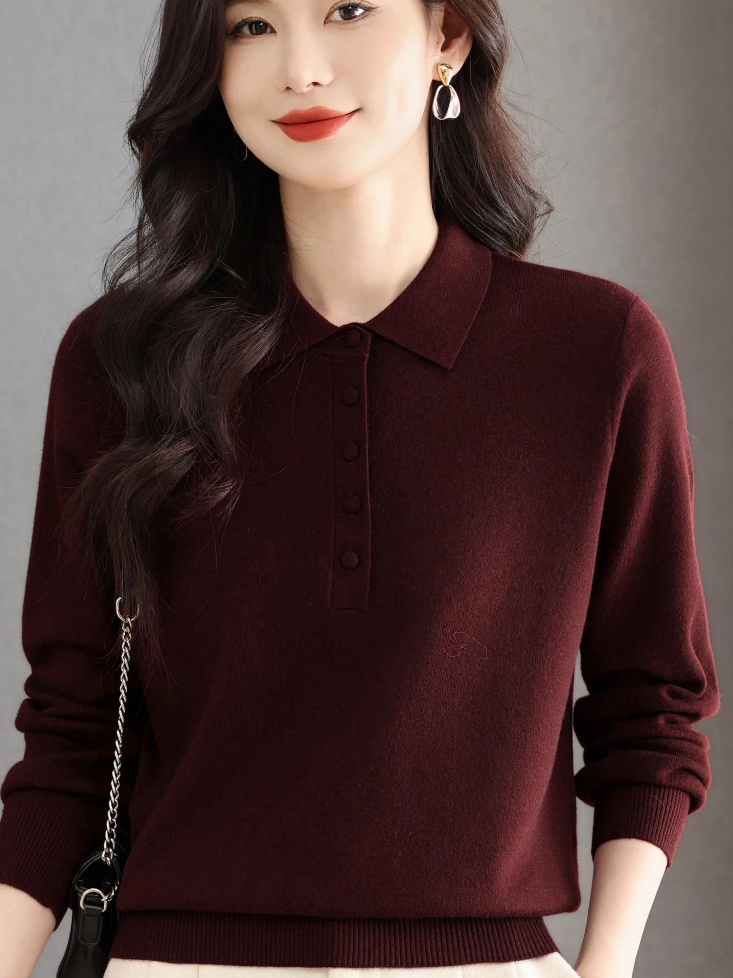 

High-End Autumn Winter Women's Knitted Woolen Sweater Flip Collar Base irt Warm Comfortable Loose Fit Mid-Aged Mom Sle