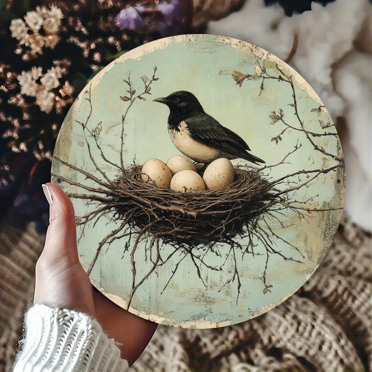 Vintage Bird'S Nest & Eggs Metal Wall Art Sign - 8x8 Inch Rustic Farmhouse Decor with Perched Bird & Nest Design, Durable Indoor