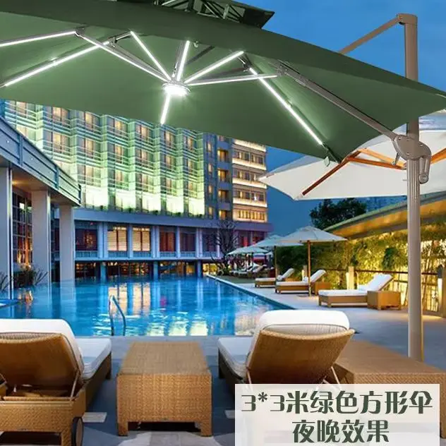 Wind-resistant 360° Rotating LED Patio Umbrella, Roman Design Outdoor Waterproof Sun Parasol for Garden and Courtyard