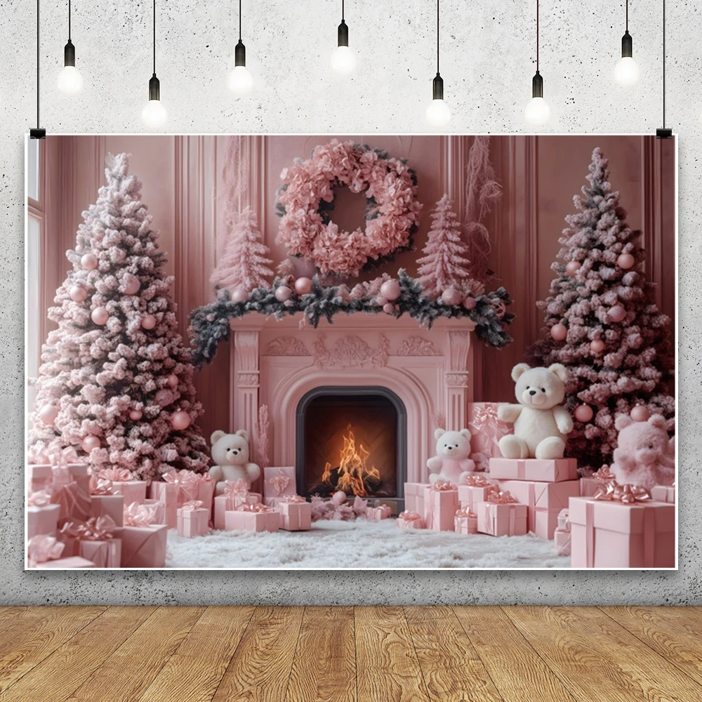 Pink Christmas Photography Backgrounds Retro Wall Teddy Bear Fireplace Xmas Tree Gift Kids Portrait Family Party Decor Backdrops