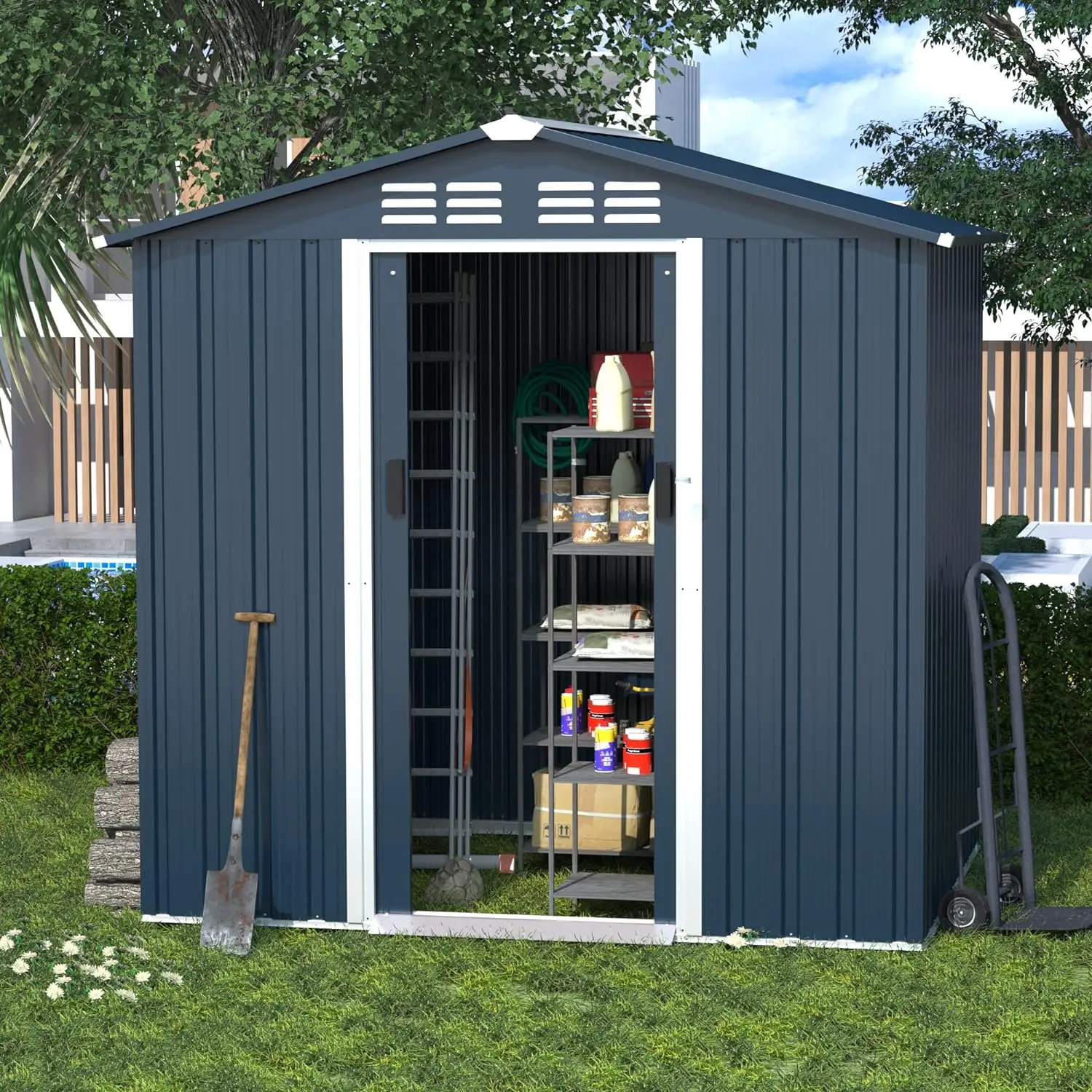 Outdoor Storage Shed,New 6' x 4' Waterproof Metal Tool Shed with Door,Ramp Plate for Outside,Garden,Backyard,Patio