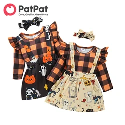 PatPat Halloween Style Party Dress Newborn Baby Girl Clothes New Born Kids Plaid Print Ruffle Decor Long-sleeve Orange Baby Set