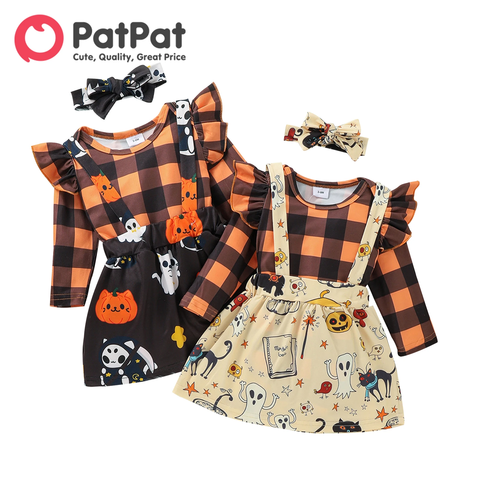 PatPat Halloween Style Party Dress Newborn Baby Girl Clothes New Born Kids Plaid Print Ruffle Decor Long-sleeve Orange Baby Set