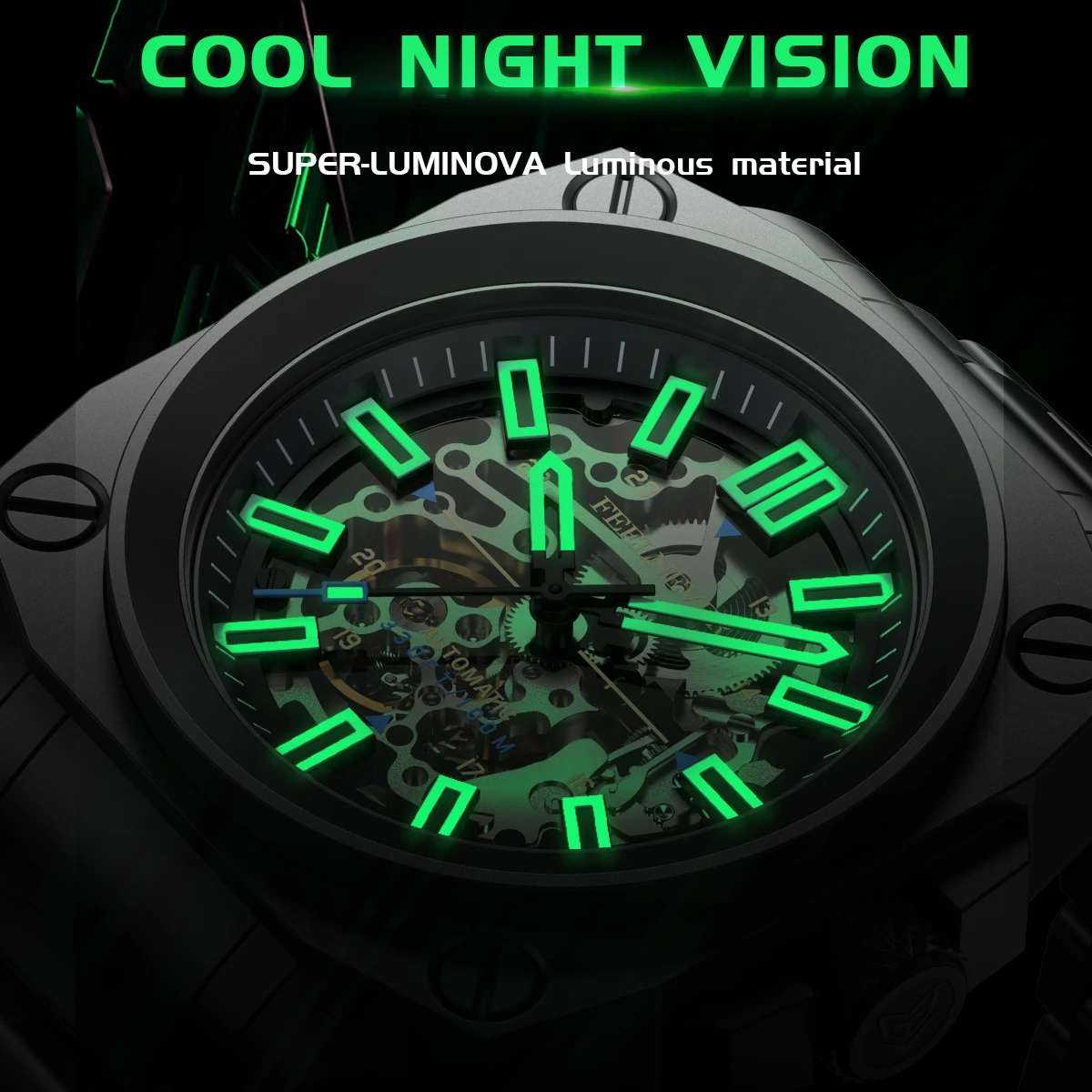 FeelNever Hollow Out Mechanical Man Watch Top Brand Luxury Stainless Steel 100M Waterproof Casual Sport Luminous Watches for Men