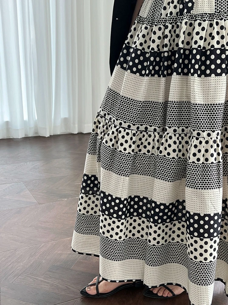 Jupe mi-longue vintage en patchwork à pois pour femme, taille haute, jupe fluide trapèze en noir/blanc, tenues quotidiennes, de bureau ou de vacances