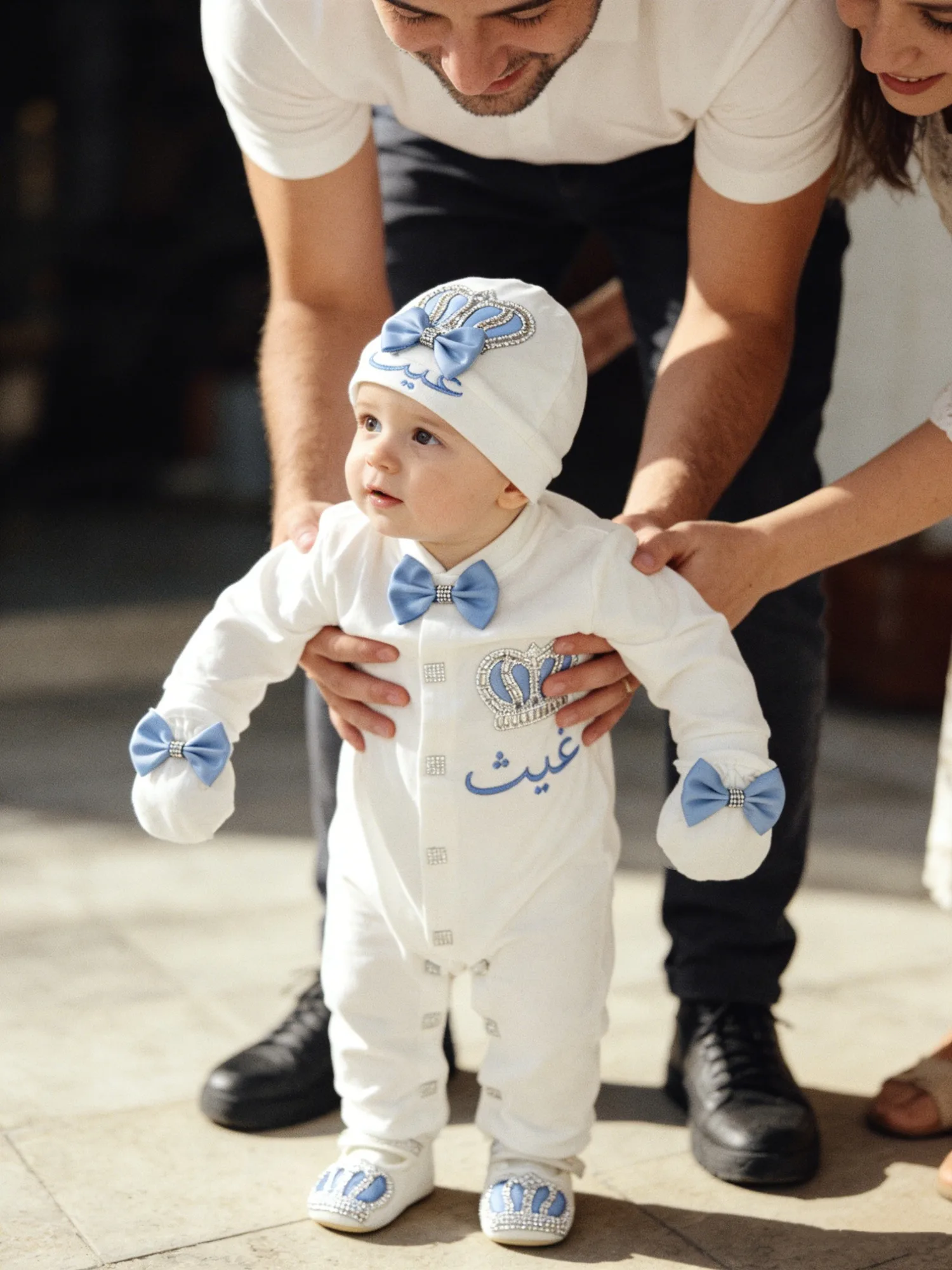 Luxury Baby Boy White Blue Crown Set - Name Embroidery - Perfect for Baptism & Baby Shower