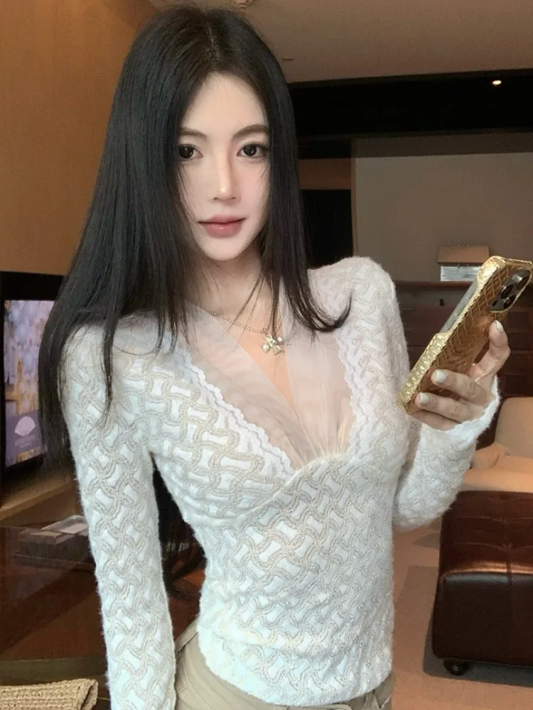 

Elegant Long Sleeve Deep V Neck Lace Shirt Women's Spring Autumn New Style Pure Desire Sexy Mesh Splice Lace Top High End Fee...