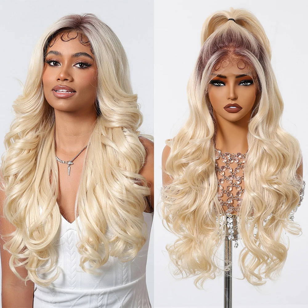 13*6 Transparent Lace Frontal Synthetic Wigs Pre Plucked Long Body Wave Blonde Afro Wig Dark Root Hair for Black Women Brazilian