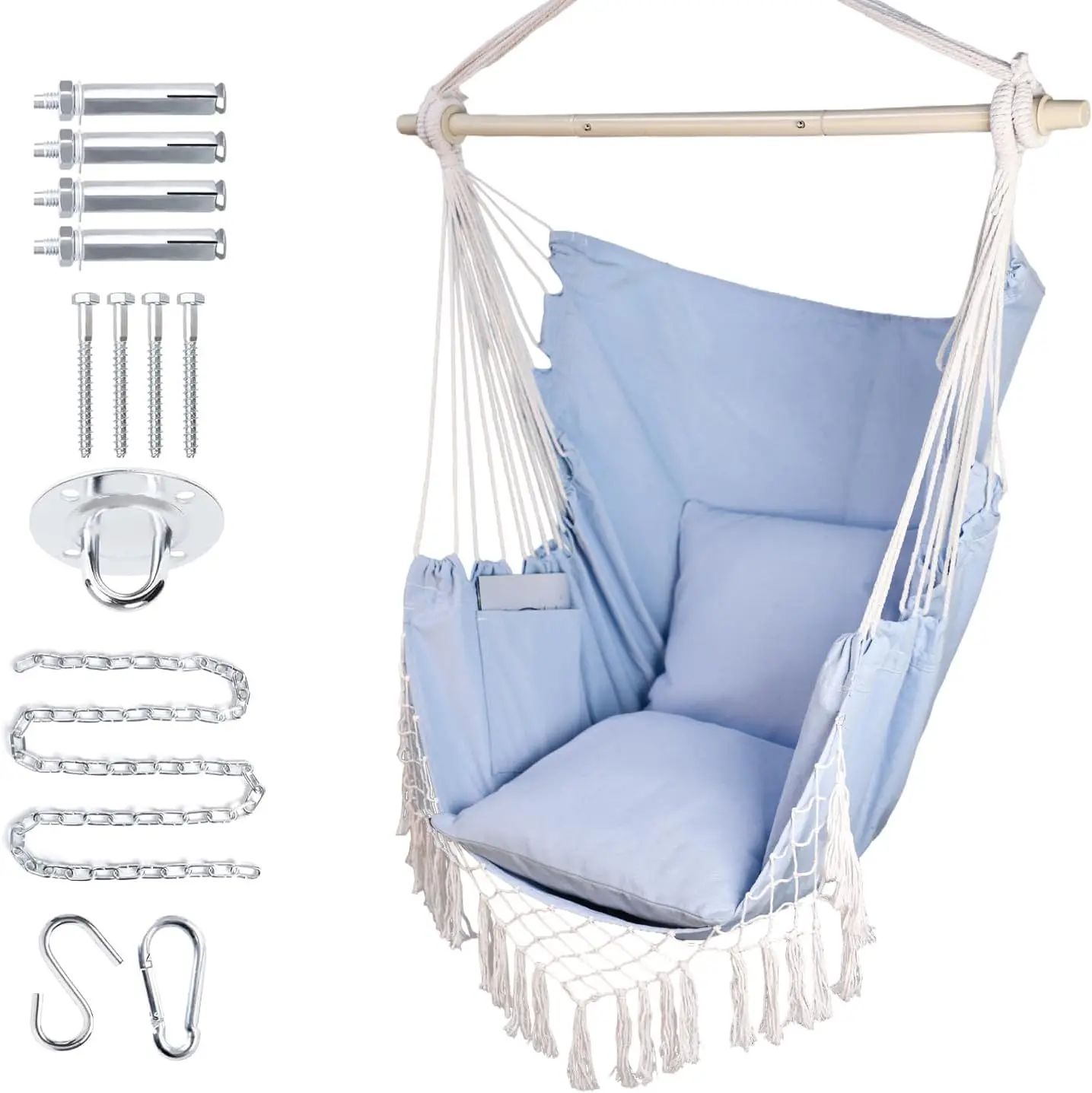 

Подвесное кресло-гамак со стальной рамой, максимальная нагрузка 450 фунтов, в комплекте подушки и комплект крепежа для использования в помещении и на улице.