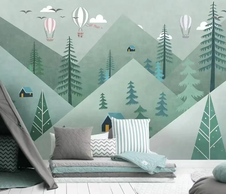 Milofi Nordic hand-painted geometric mountain peaks, pine forests, elk children\'s wall paintings