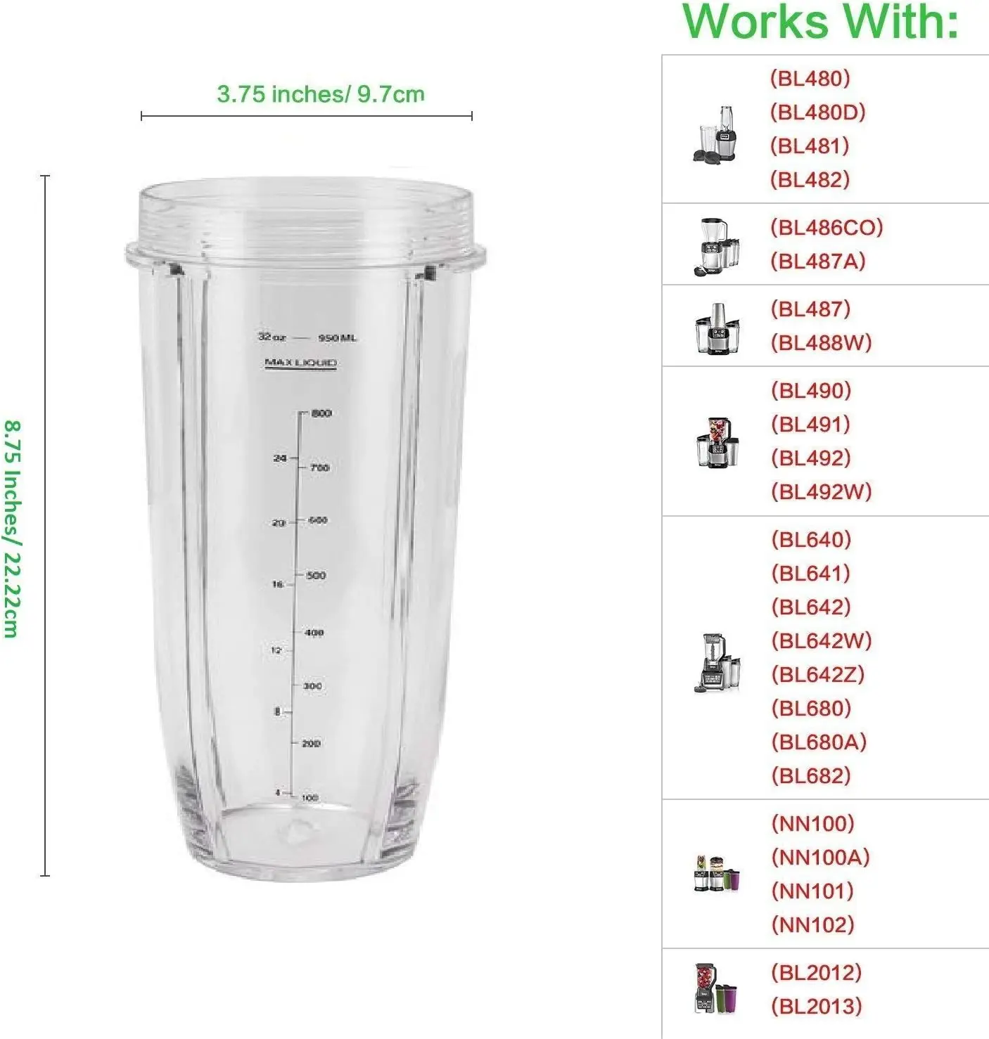 Replacement 32oz  Blender Cup with Sip & Seal Lid For Nutri Ninja BL450 BL454 Bl455 BL456 BL480 BL481 Auto IQ Series Blenders