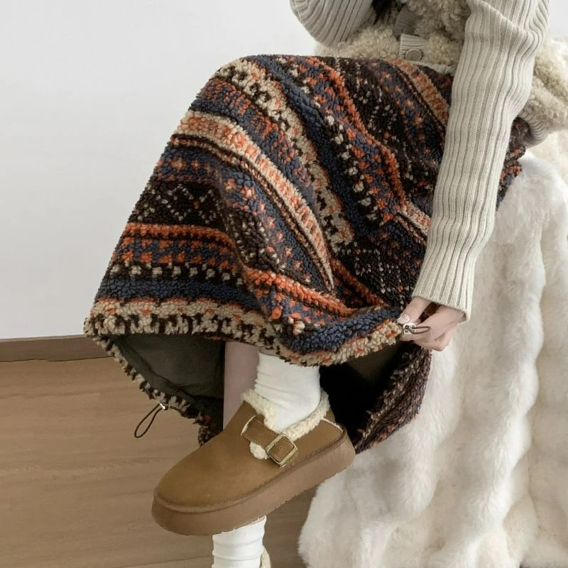 

Retro Fleece Skirt Women's Autumn and Winter Bud Skirt Hem Drawstring Medium and Long Skirt