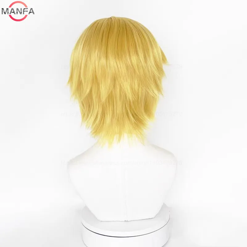 أنيمي قطعة واحدة شعر مستعار تأثيري سانجي شعر مستعار قصير مستقيم الذهبي الأصفر مقاومة للحرارة الاصطناعية الشعر أنيمي الباروكات + غطاء شعر مستعار #5