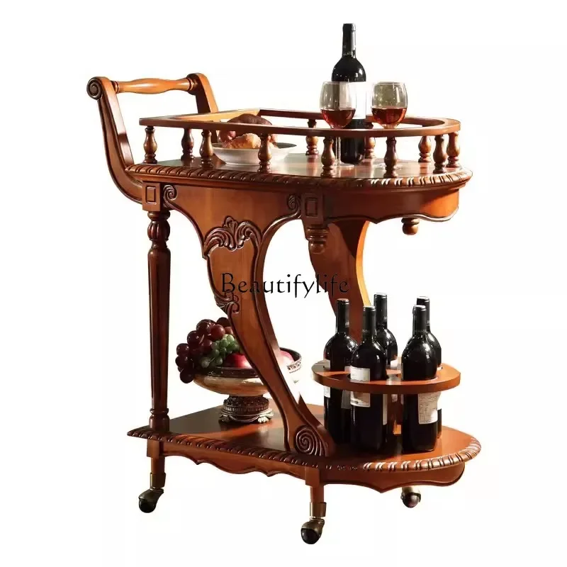 American solid wood dining cart mobile hand push tea cart European retro food delivery cart