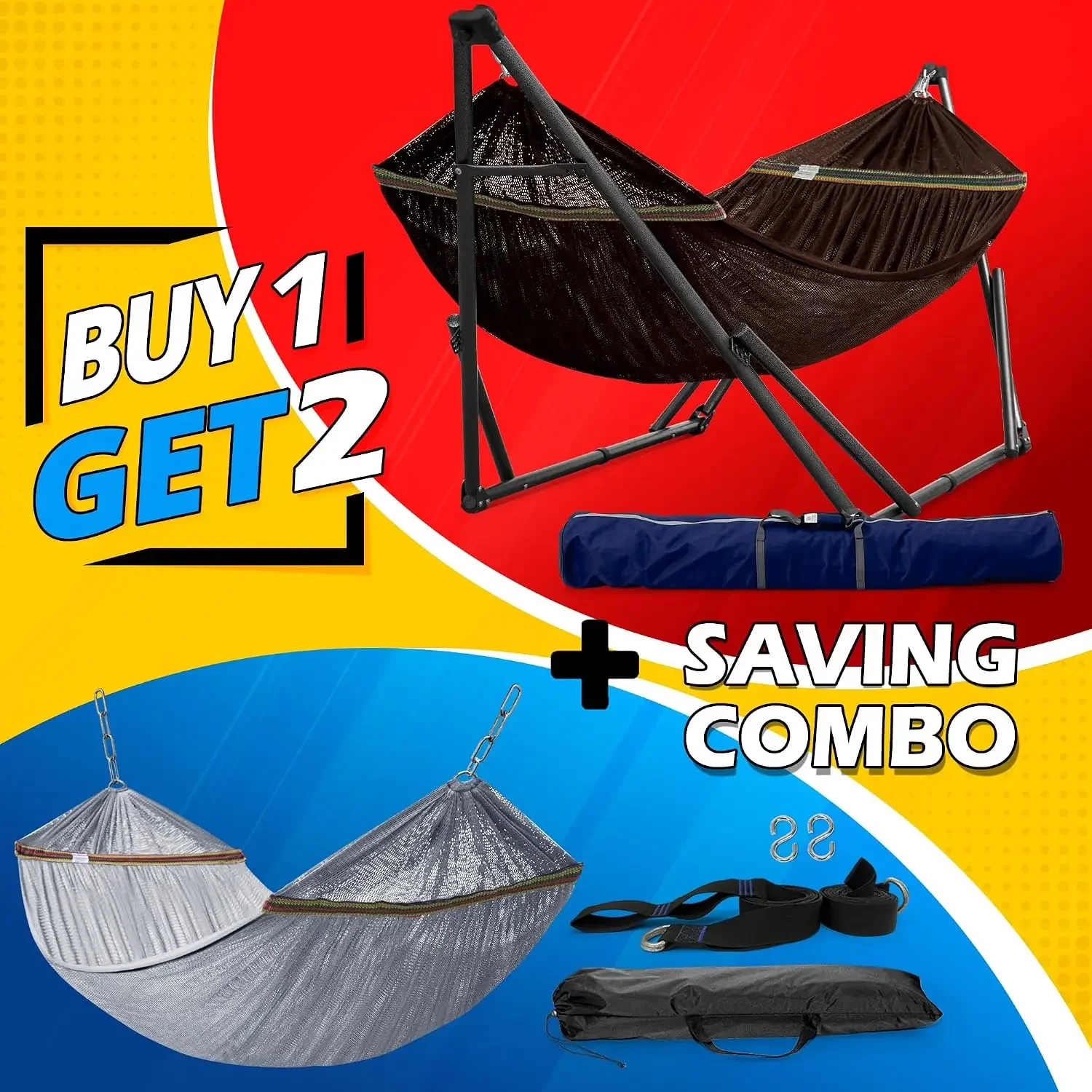 Combo x2 Hammocks with Stand for Outside & Tree Straps, Heavy Duty Hammock with Stand 600lbs for Indoor Outdoor Patio Backyard,
