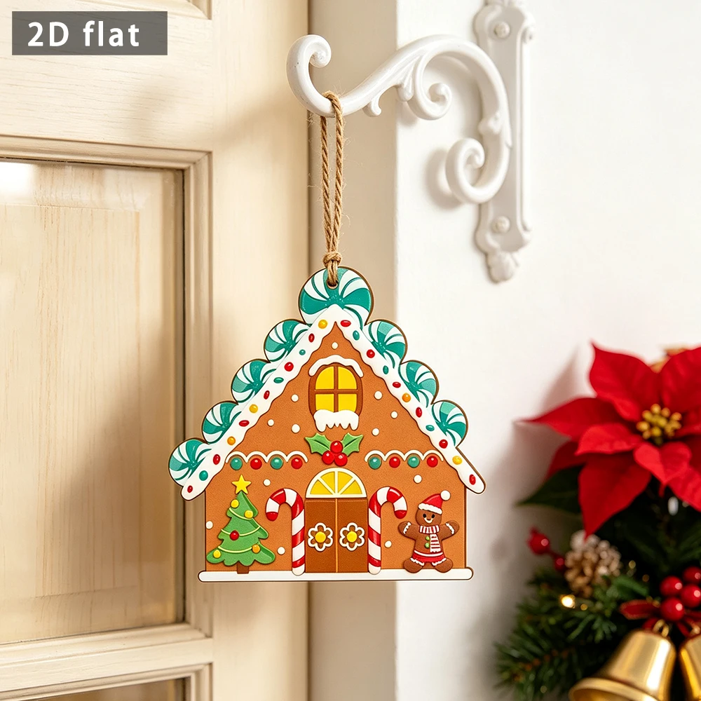 Wooden Gingerbread House Hanging Ornament, Christmas Gingerbread Plaque Pendant, Xmas Door Wall Tree Hanging Decor