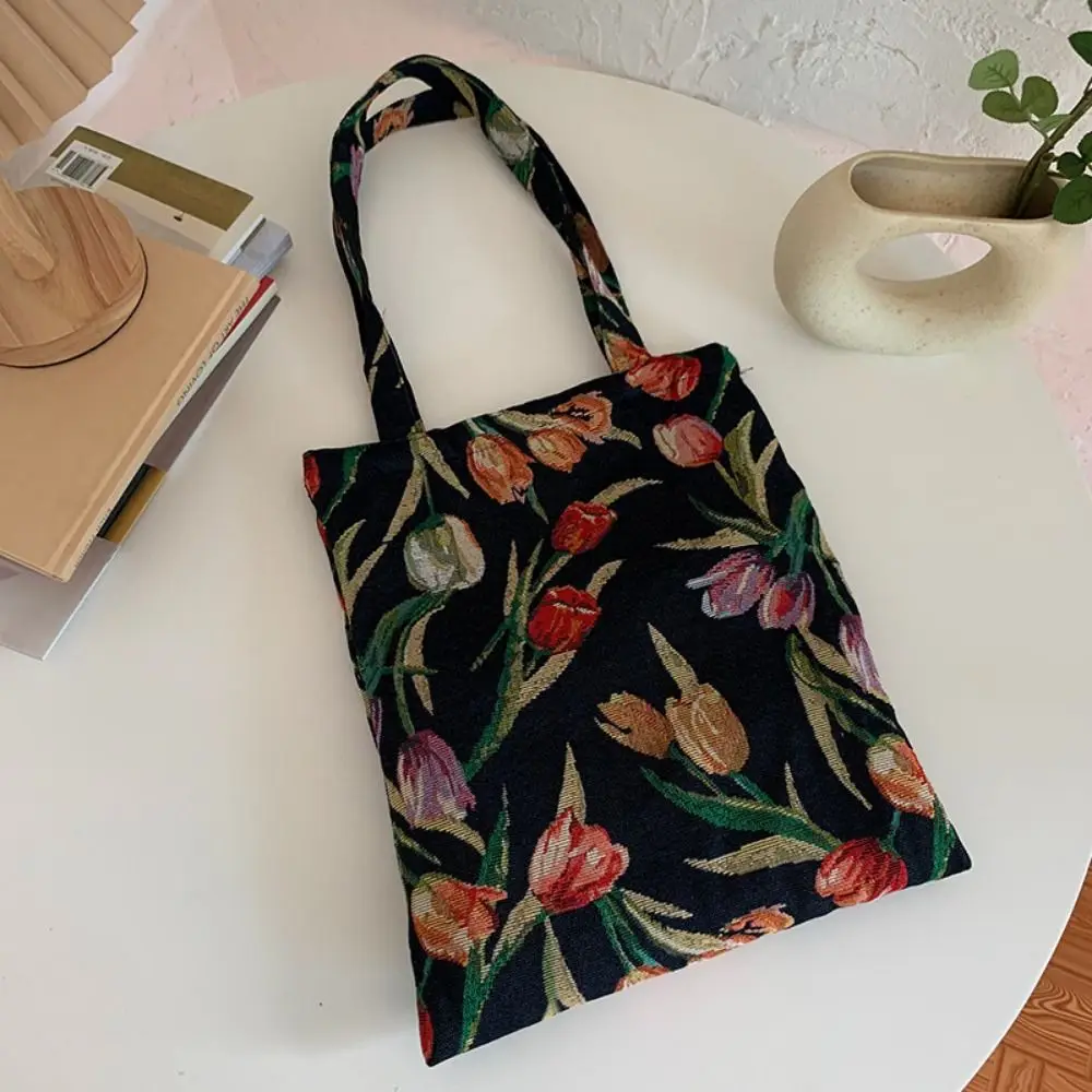 Vintage Flower Clutch Purse Household Tulip Flower Printed Vintage Shoulder Bags Handle Portable Retro Flower Handbag Holiday