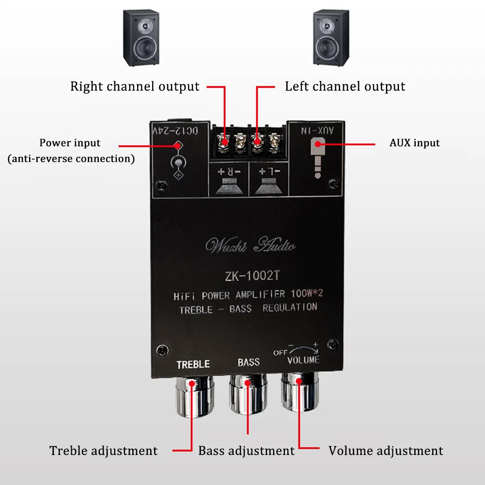 Placa amplificadora ZK-1002T, módulo de altavoz estéreo Subwoofer, HIFI, 2,0 canales, 100Wx2