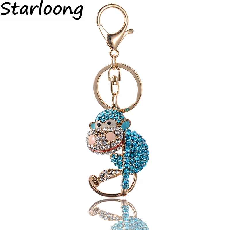 High Quality Drip Alloy Keychain Chaveiro drop oil Glaze naughty monkey rhinestone crystal beads KeyChain stainless Key Ring