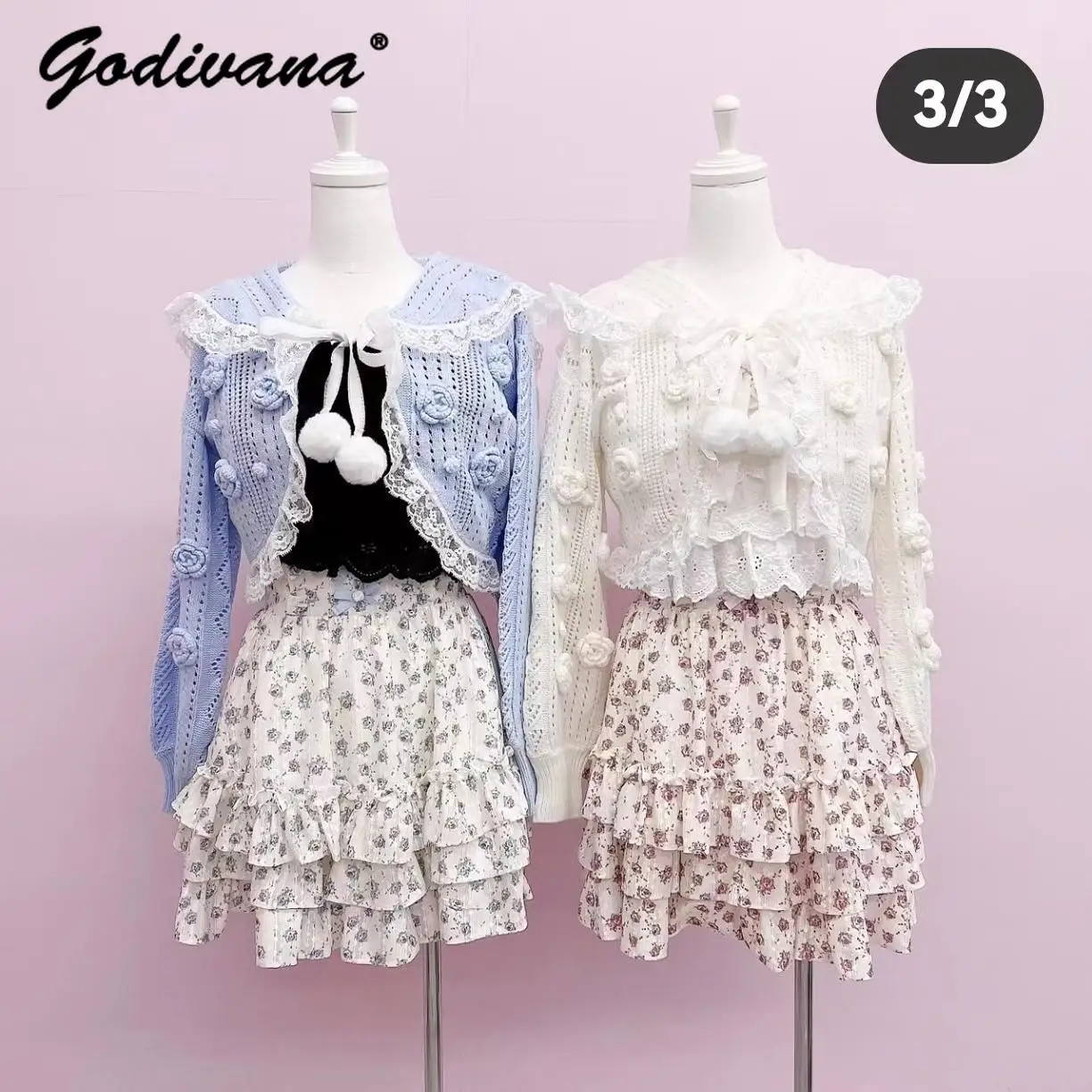 2024 New Japanese Style Autumn Girl Crochet Hollow Flower Sailor Collar Knitted Cardigan Women\'s Sweet Short Sweater Coat