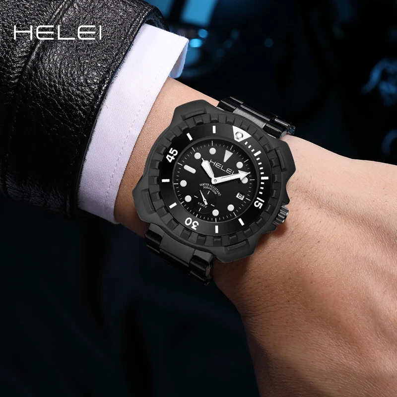 HELEI Fashion new sports casual quartz watch date Stainless steel strap men's wristwatch