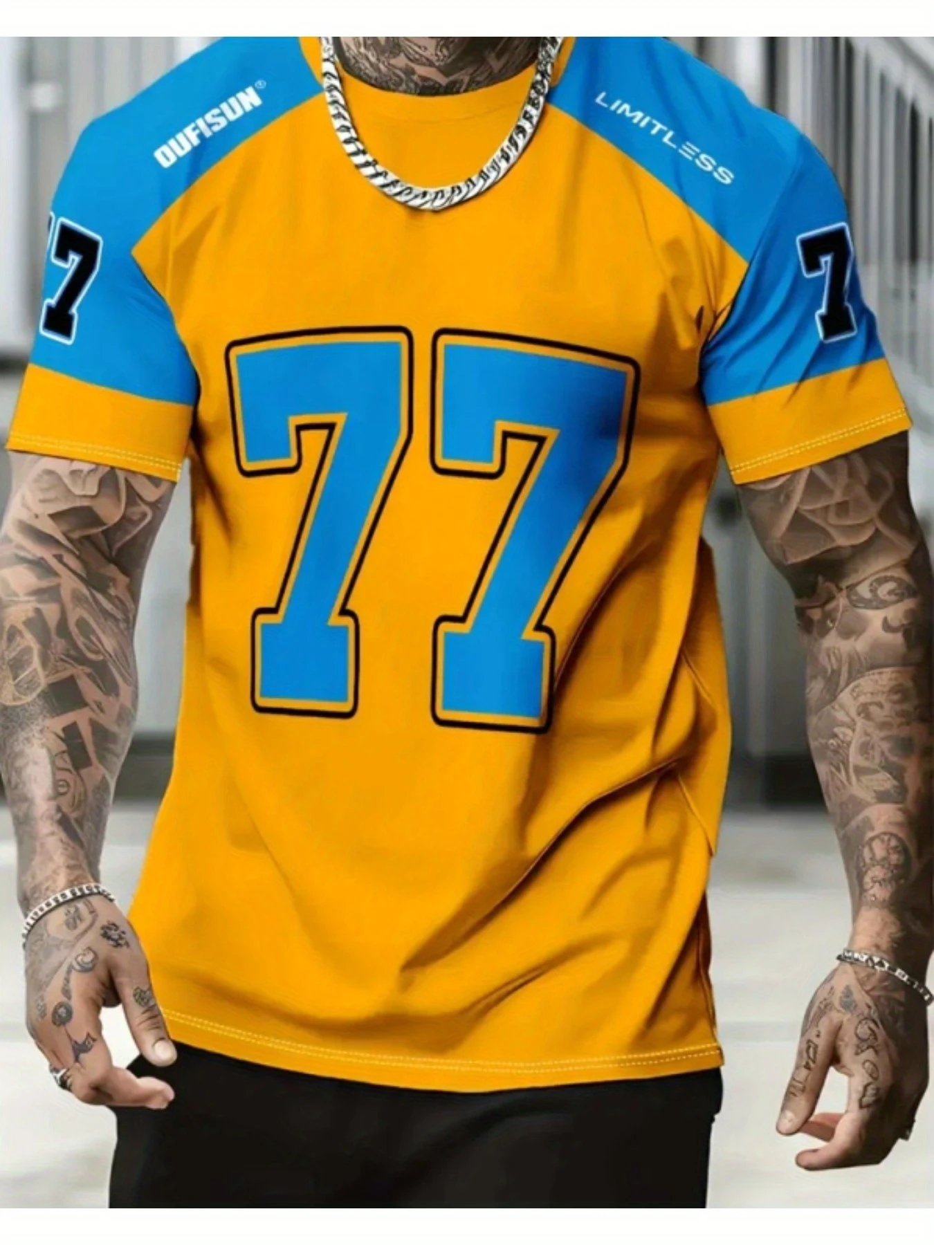 Men's 77 graphic letter print short-sleeved sweatshirt, casual street style men's sports T-shirt.