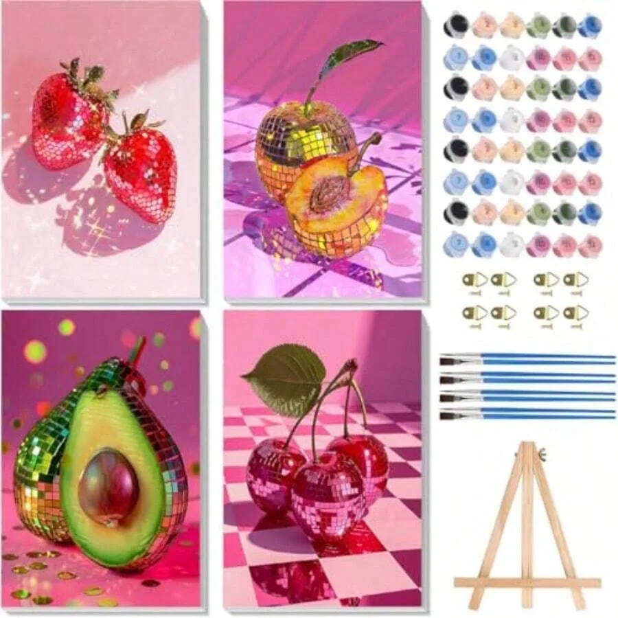 

4 Pack Paint By Numbers For Adults With Framed Canvas - With Wooden Easel, Disco Fruits Paint By Number On Canvas, DIY Vintage