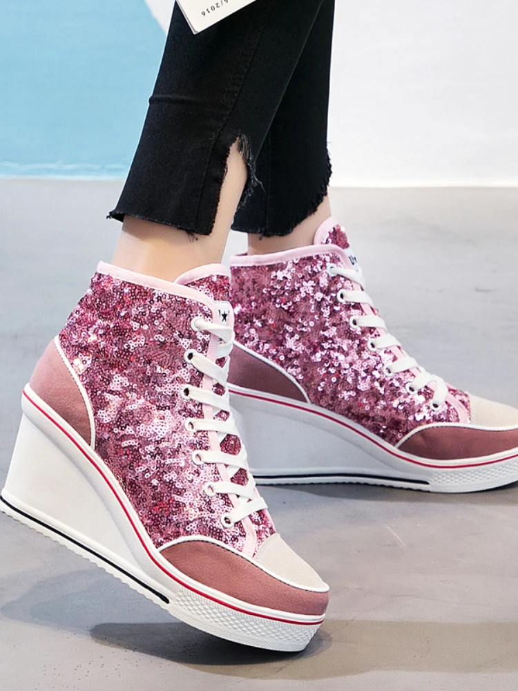 Women Shoes Pink Black Silver Glitter Vulcanize  Woman Platform Wedge Sneakers Casual Zapatos De Mujer