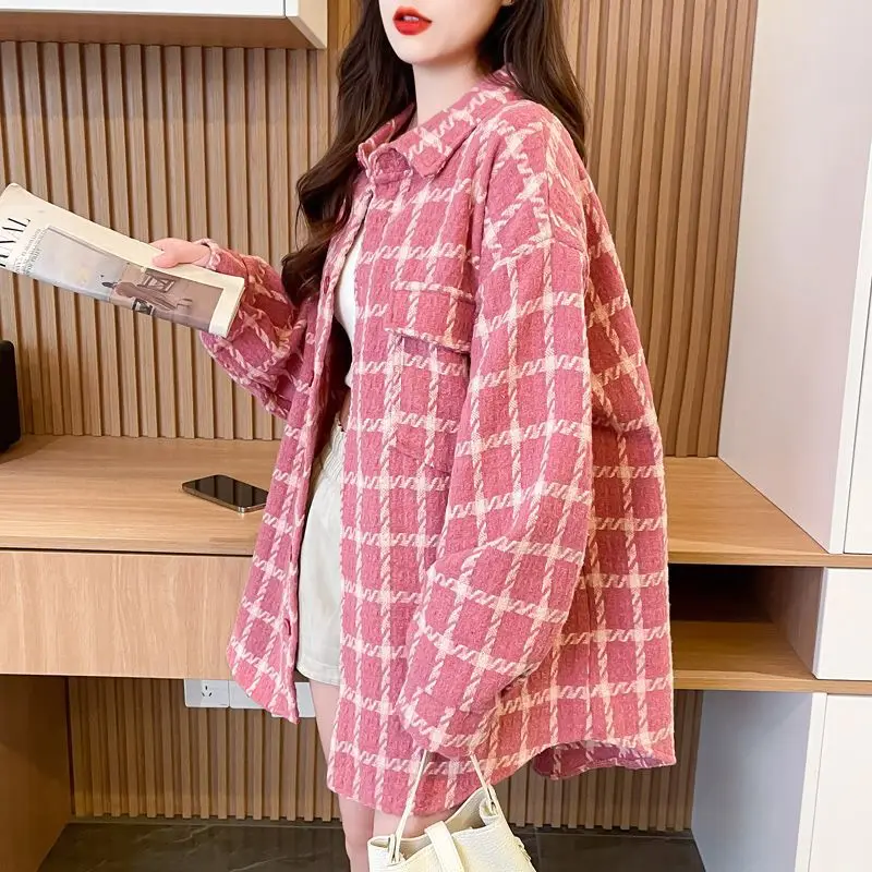 Women 2025 Polo Neck Shirts Autumn New Girl Slim Belly Covering Women Mid-length Retro Plaid Shirts Top Outerwear Spring