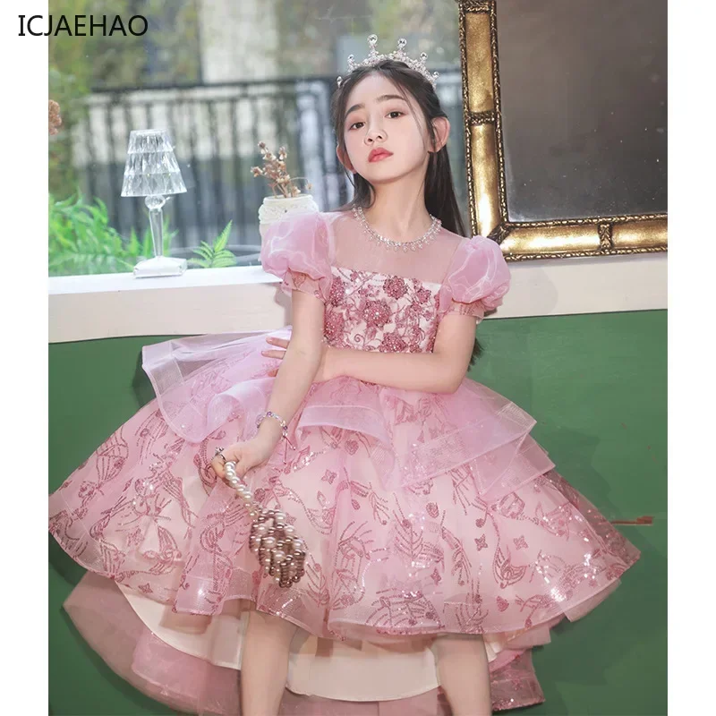 ICJAEHAO 2025 Children's Tutu Girl's Wedding Birthday Host Princess ClothesDress New Spring Summer Matching Super Fairy Flower