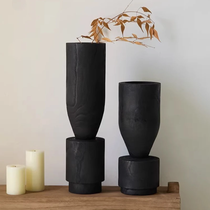 Charred Wood Flower Vessel Wabi Sabi Style Creative Flower Vase Decorative Piece for Hotel and B&B Rustic Natural Wood Ornaments