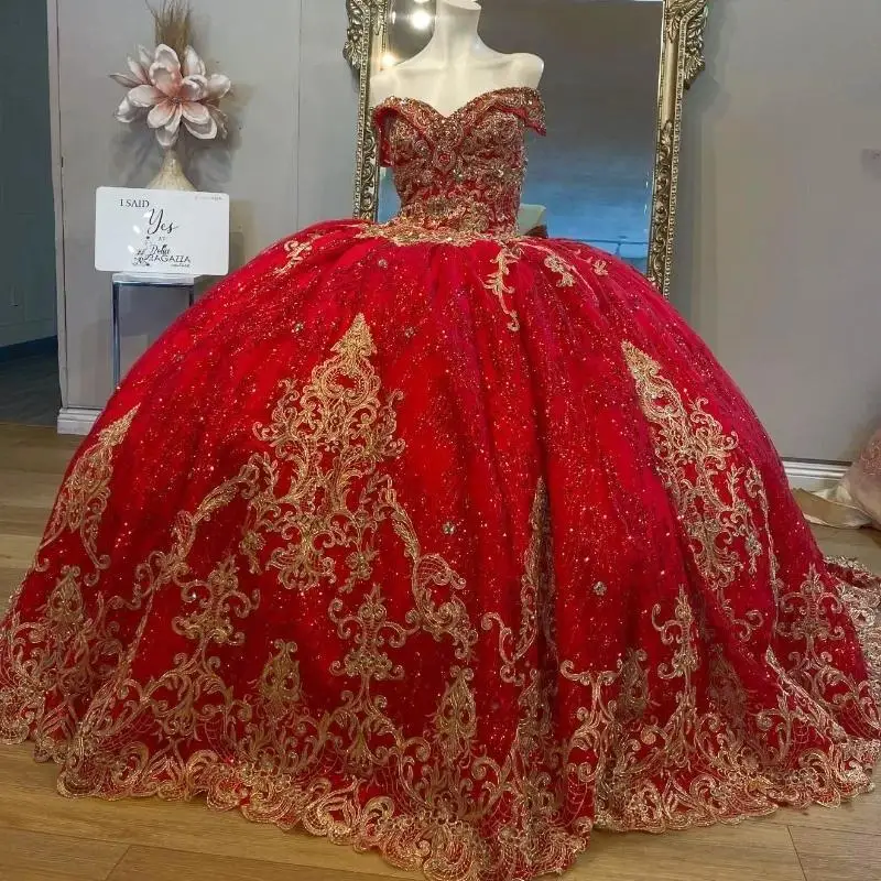 Red Shiny Princess Quinceanera Dresses Off the Shoulder Ball Gown Gold Sequin Appliques Lace Beads Tull Sweet 16 Dress Birthday